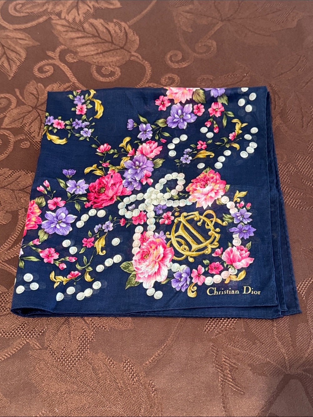 Christian Dior Navy Floral Handkerchief with Pink & Purple Blooms - Picture 6 of 6